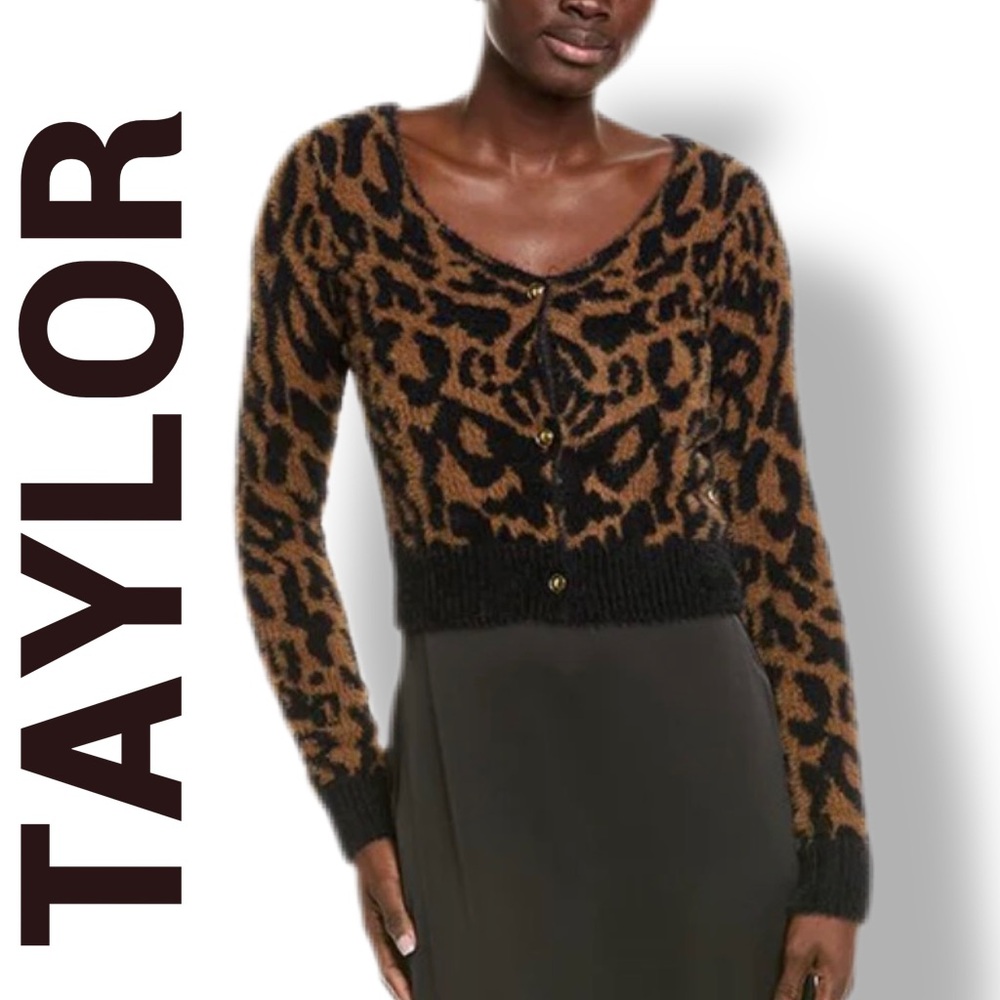 TAYLOR Leopard Print Cropped Cardigan Sweater - Fuzzy Knit Size Small NWT